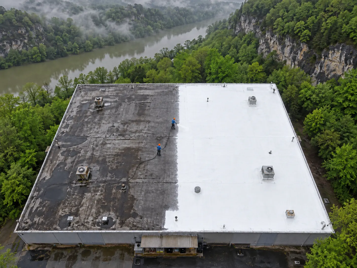Aerial view of a low-slope roof during silicone coating