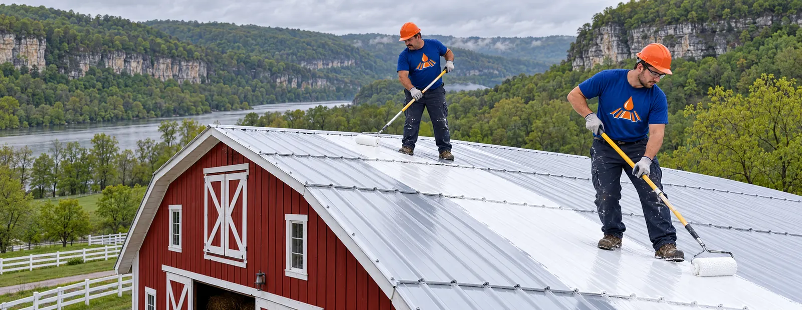 Crew rolling white acrylic coating on a pitched metal roof