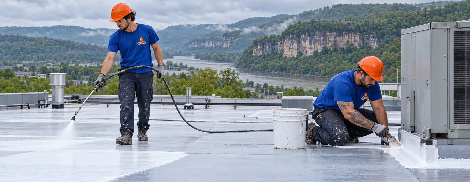 Crew applying silicone coating on a low-slope commercial roof
