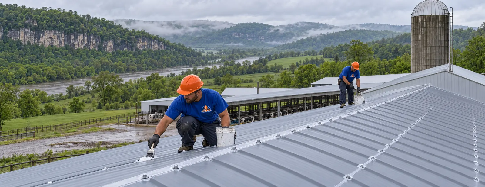 Crew sealing seams on a metal barn roof