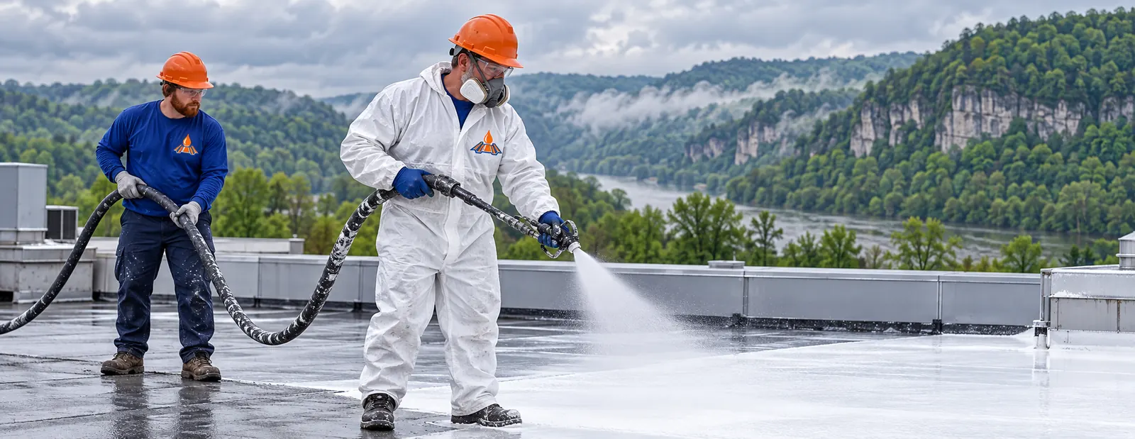 Crew spraying foam insulation over a commercial roof