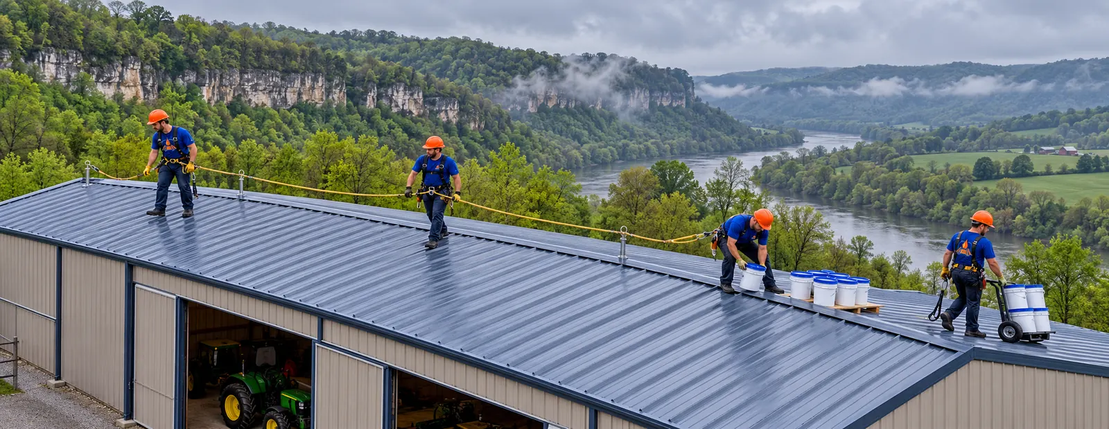 Crew in logo uniforms staging coating materials beside a commercial building in Frankfort, KY