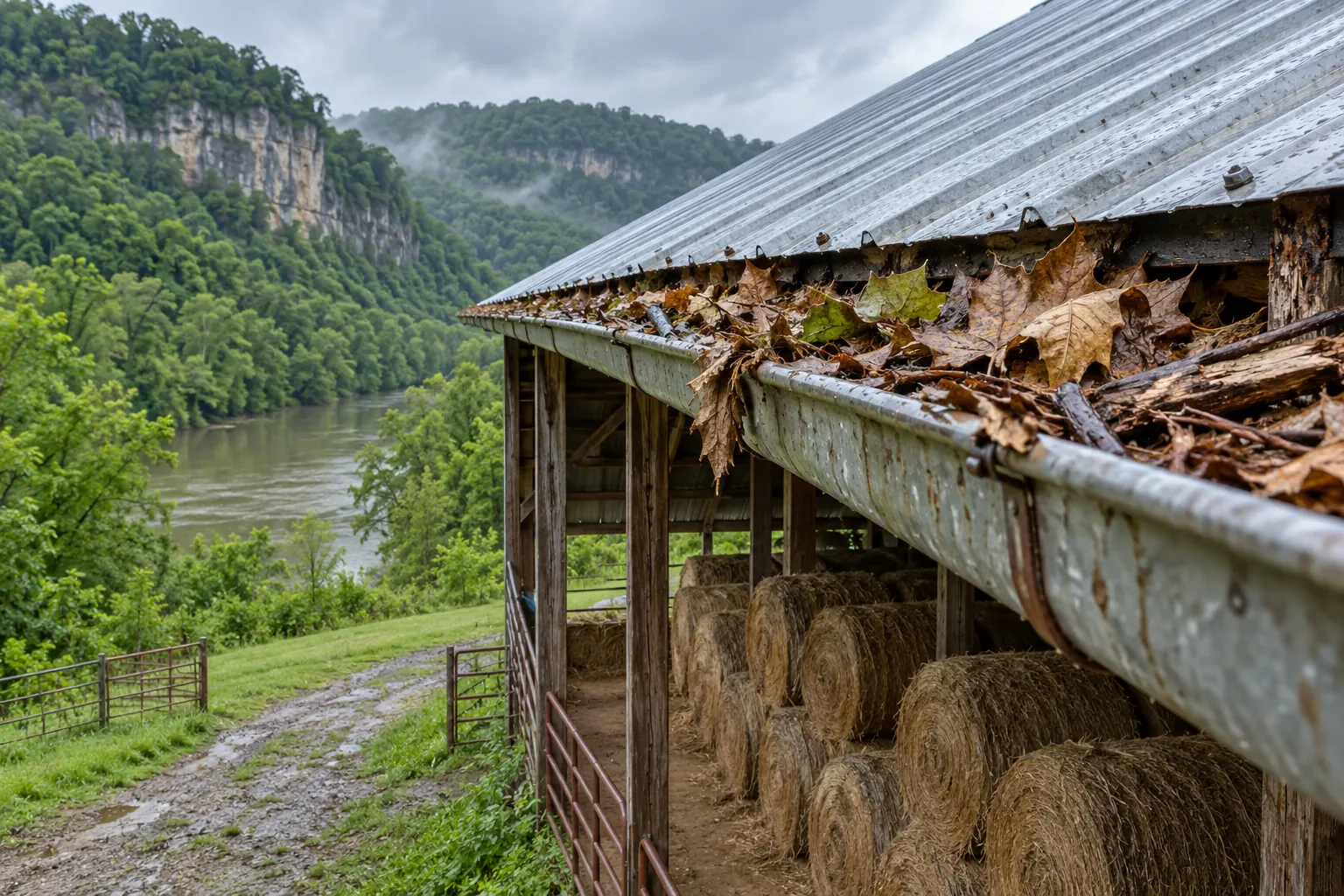 Leaves and debris packed in a gutter along a metal roof edge near Frankfort, KY