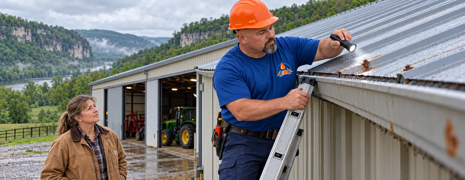 Inspector checking screws and laps on a commercial metal roof