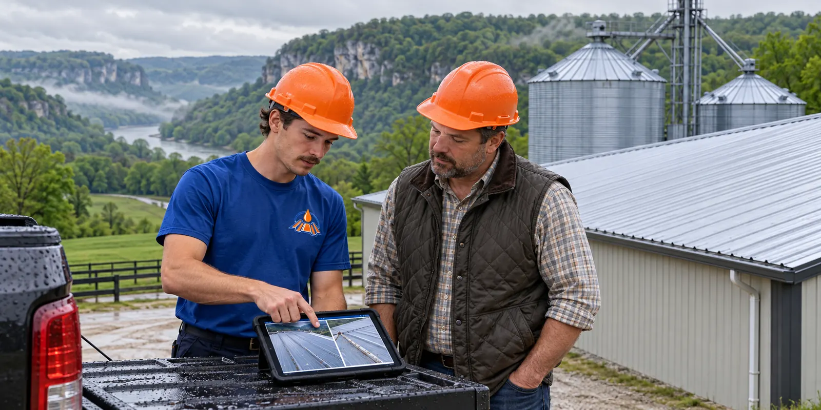 Roofer and building owner reviewing coating options