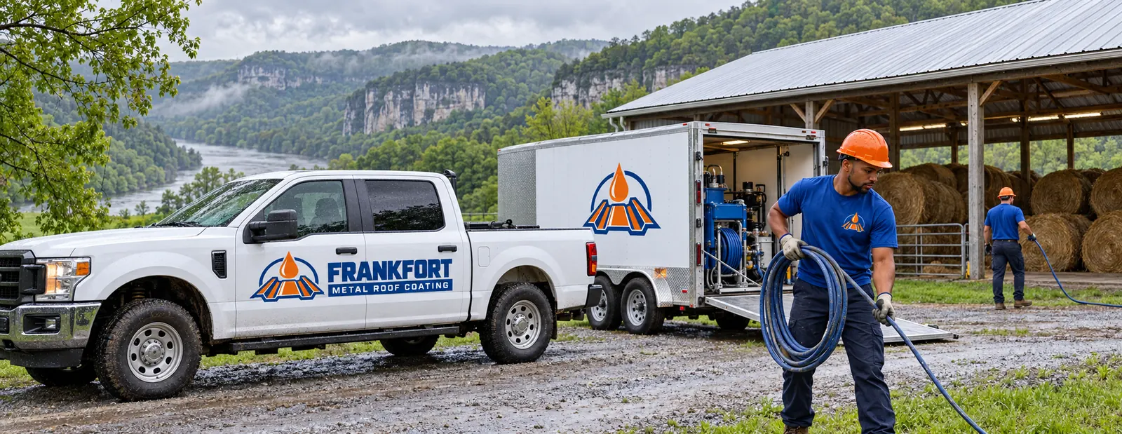 Work truck parked at a commercial roof job